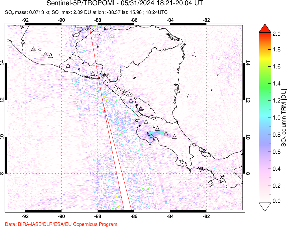 A sulfur dioxide image over Central America on May 31, 2024.