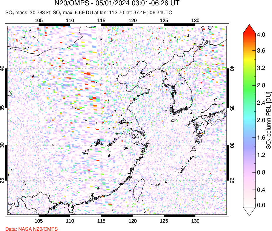 A sulfur dioxide image over Eastern China on May 01, 2024.