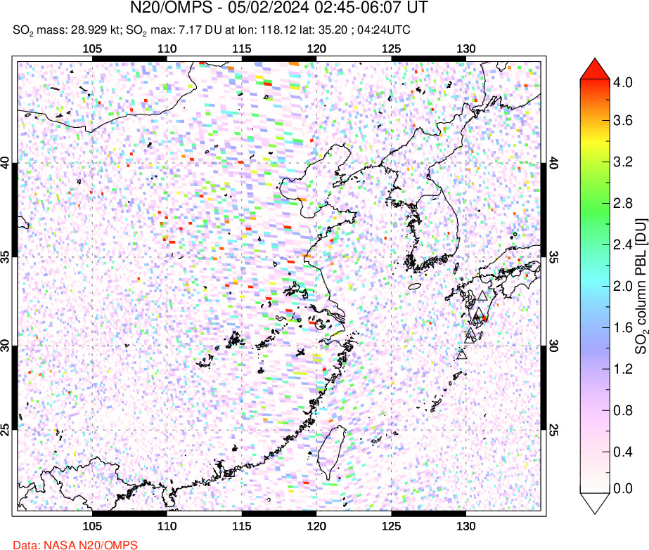 A sulfur dioxide image over Eastern China on May 02, 2024.