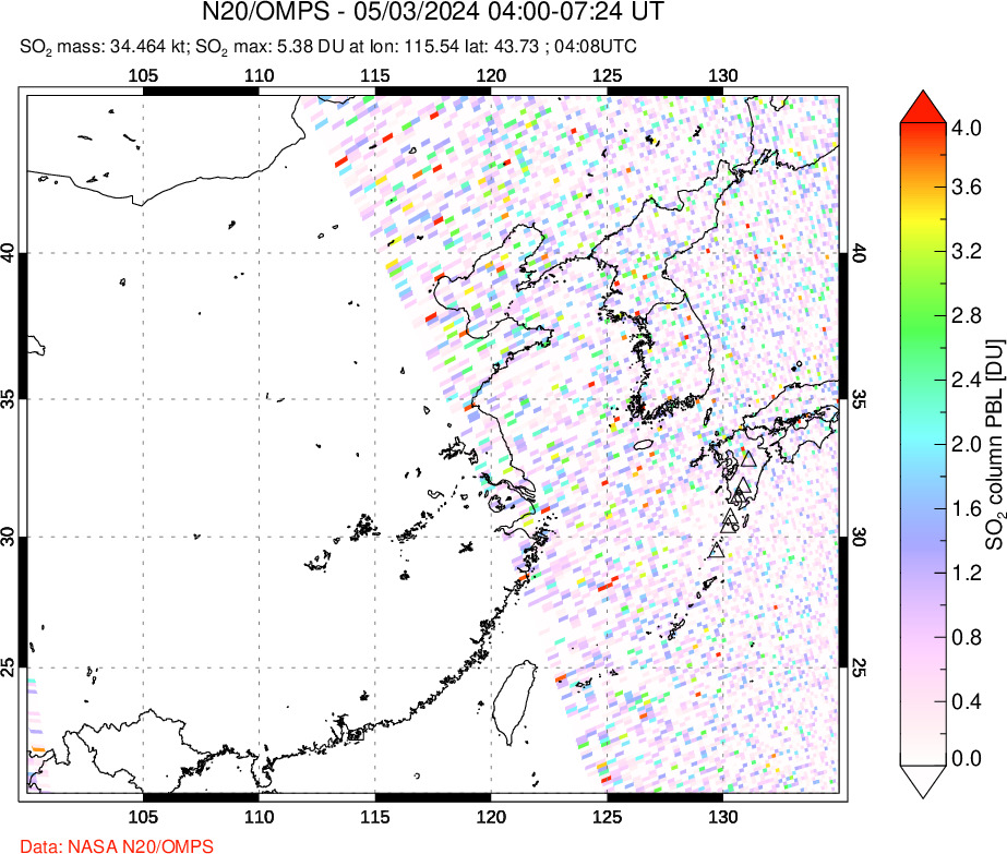 A sulfur dioxide image over Eastern China on May 03, 2024.