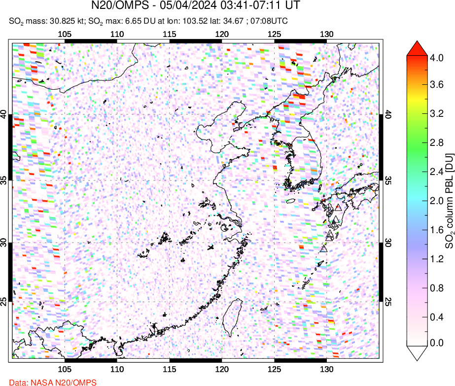 A sulfur dioxide image over Eastern China on May 04, 2024.