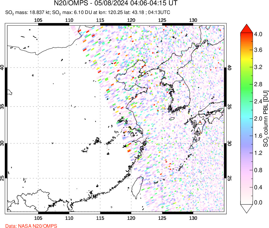 A sulfur dioxide image over Eastern China on May 08, 2024.