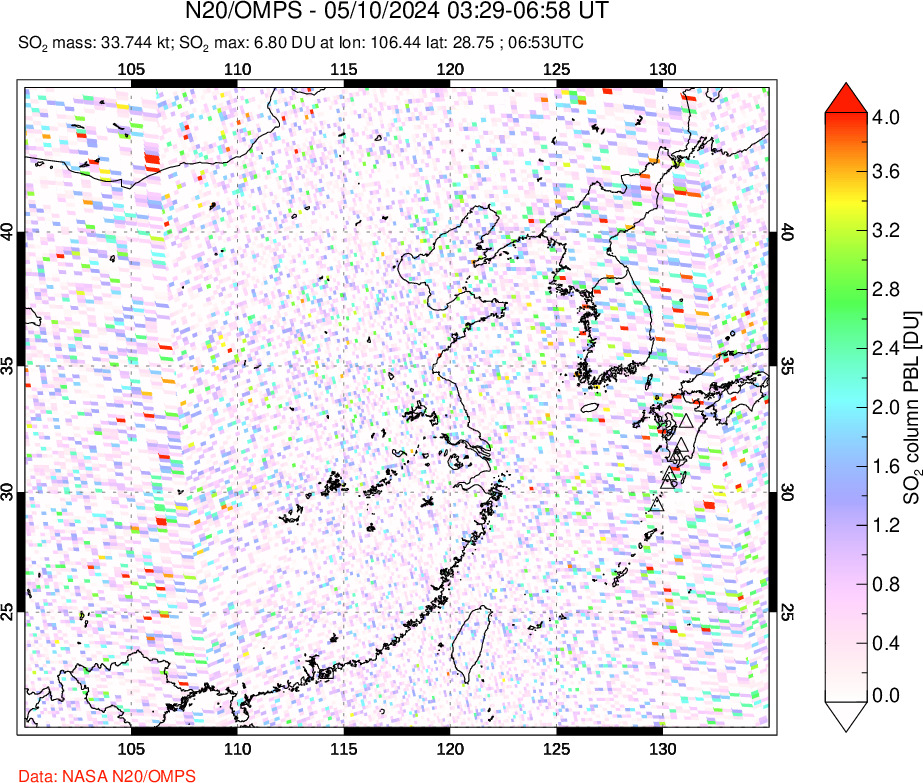 A sulfur dioxide image over Eastern China on May 10, 2024.