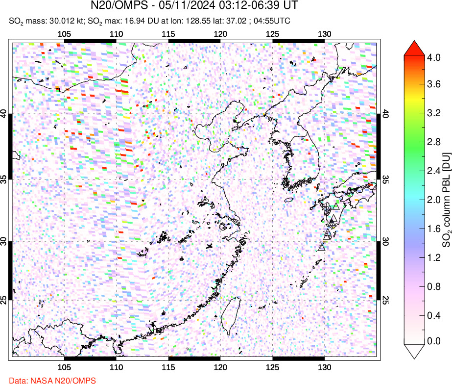 A sulfur dioxide image over Eastern China on May 11, 2024.