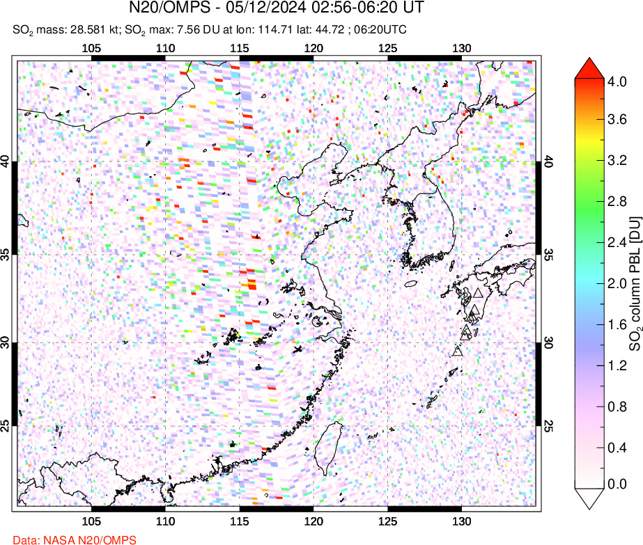 A sulfur dioxide image over Eastern China on May 12, 2024.