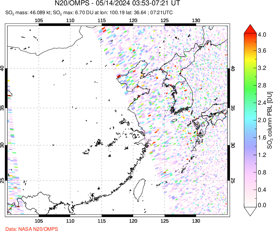 A sulfur dioxide image over Eastern China on May 14, 2024.