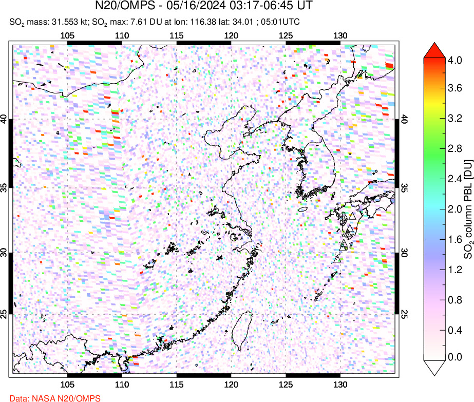 A sulfur dioxide image over Eastern China on May 16, 2024.