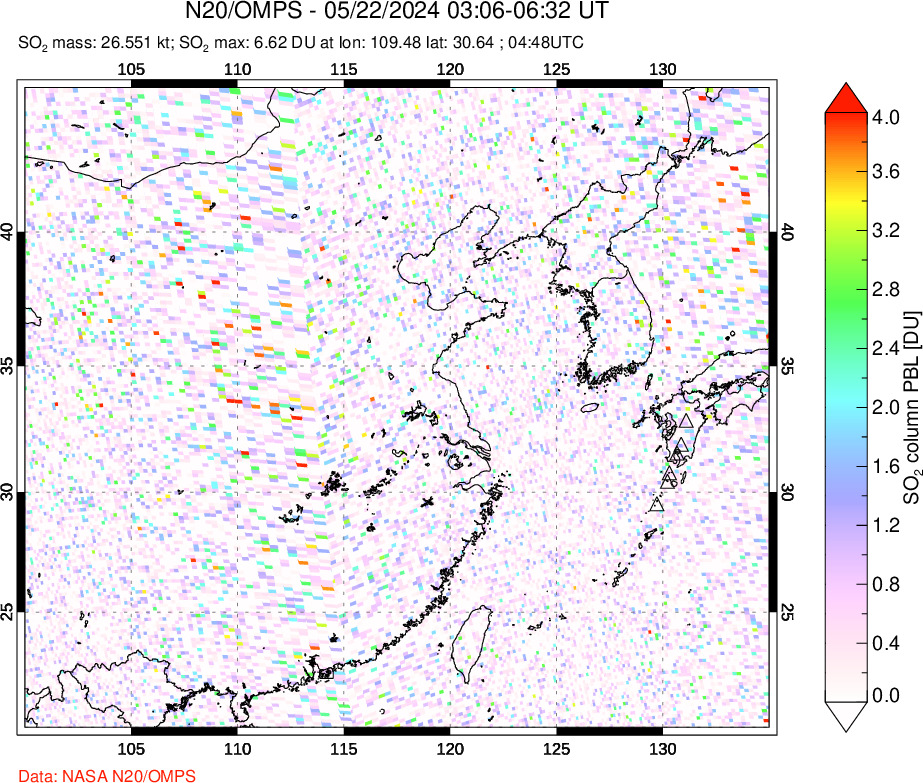 A sulfur dioxide image over Eastern China on May 22, 2024.