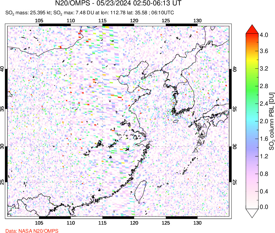 A sulfur dioxide image over Eastern China on May 23, 2024.