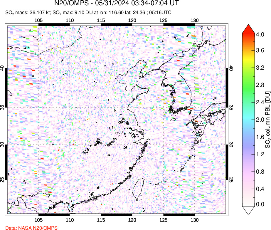 A sulfur dioxide image over Eastern China on May 31, 2024.