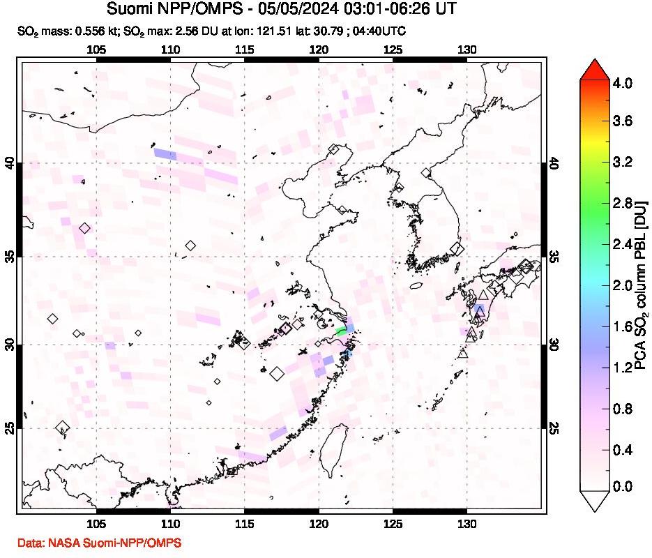 A sulfur dioxide image over Eastern China on May 05, 2024.