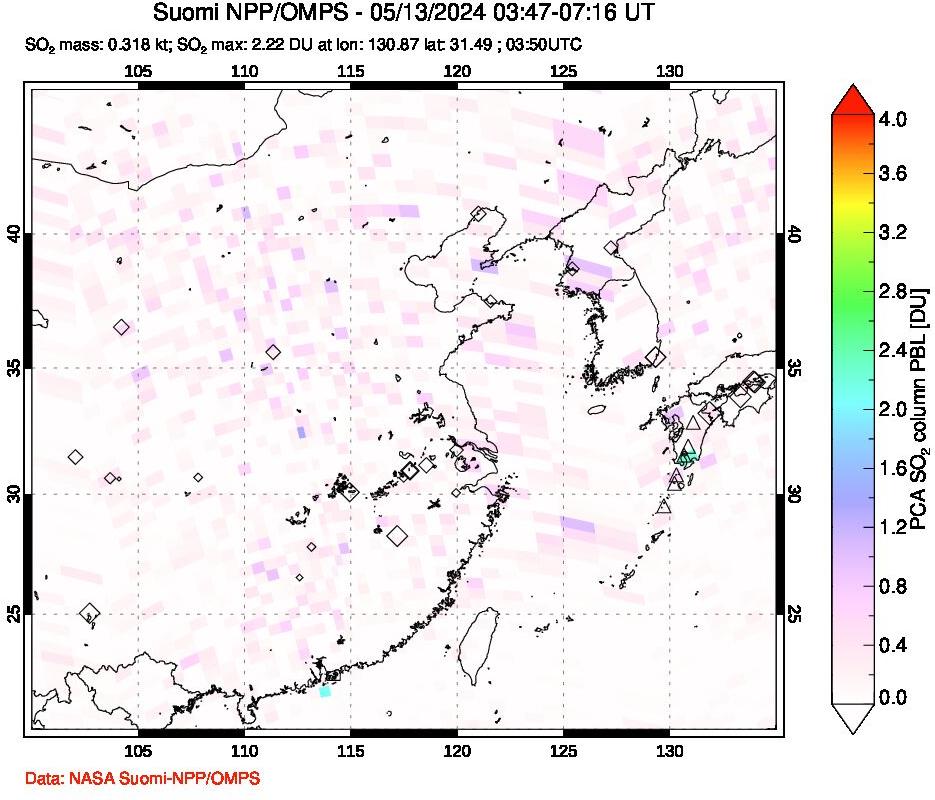 A sulfur dioxide image over Eastern China on May 13, 2024.