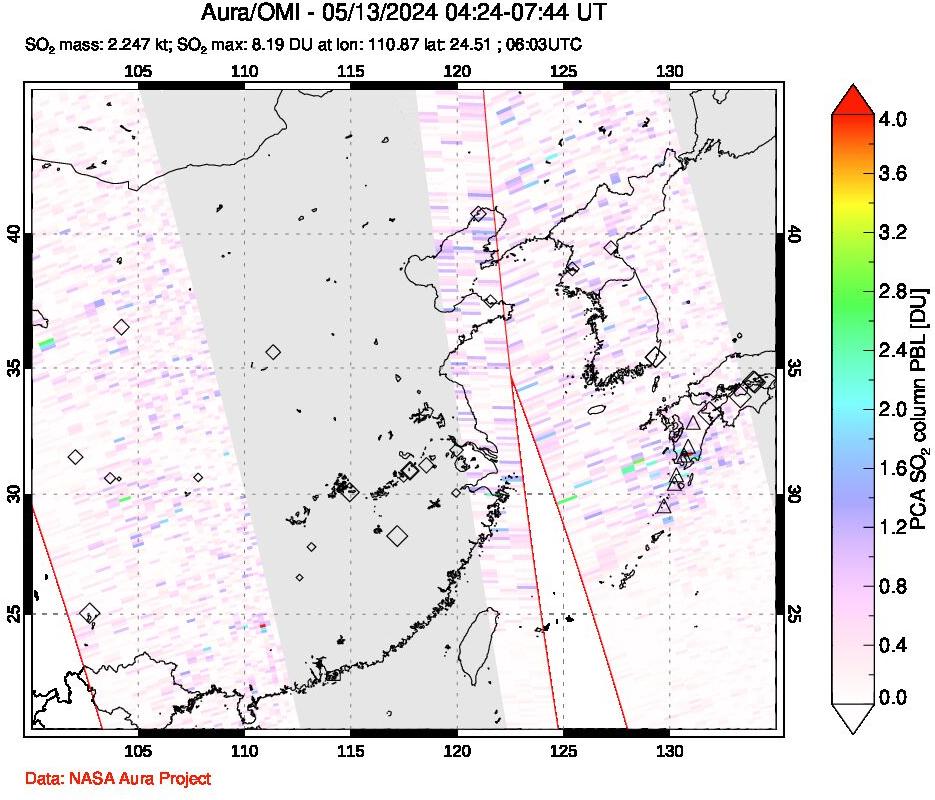 A sulfur dioxide image over Eastern China on May 13, 2024.