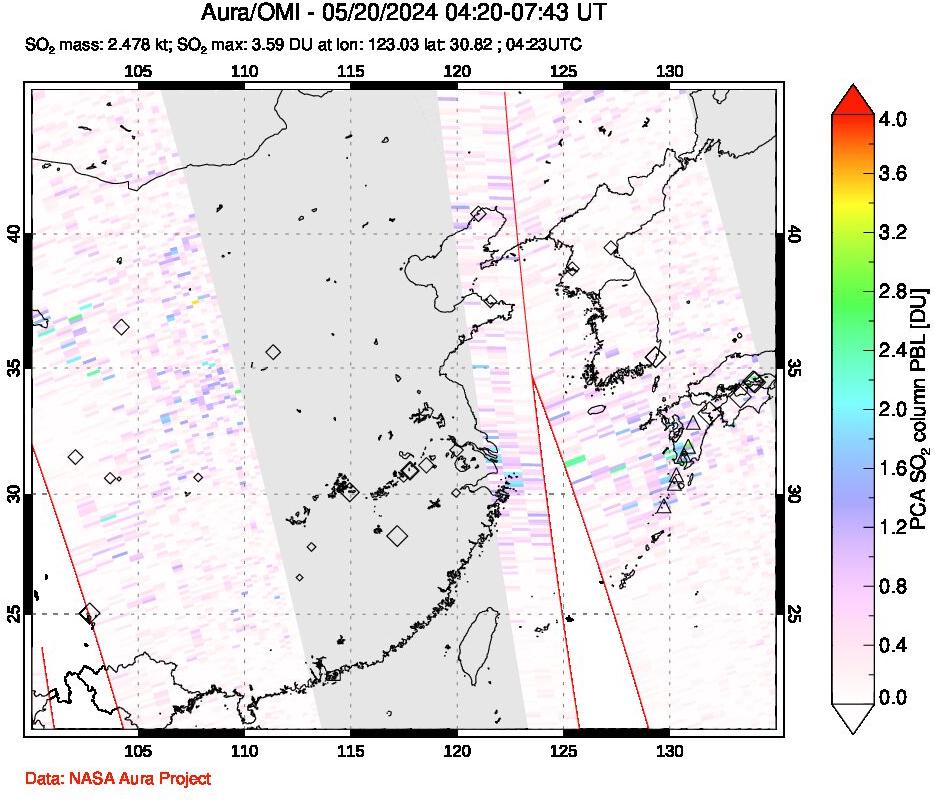 A sulfur dioxide image over Eastern China on May 20, 2024.