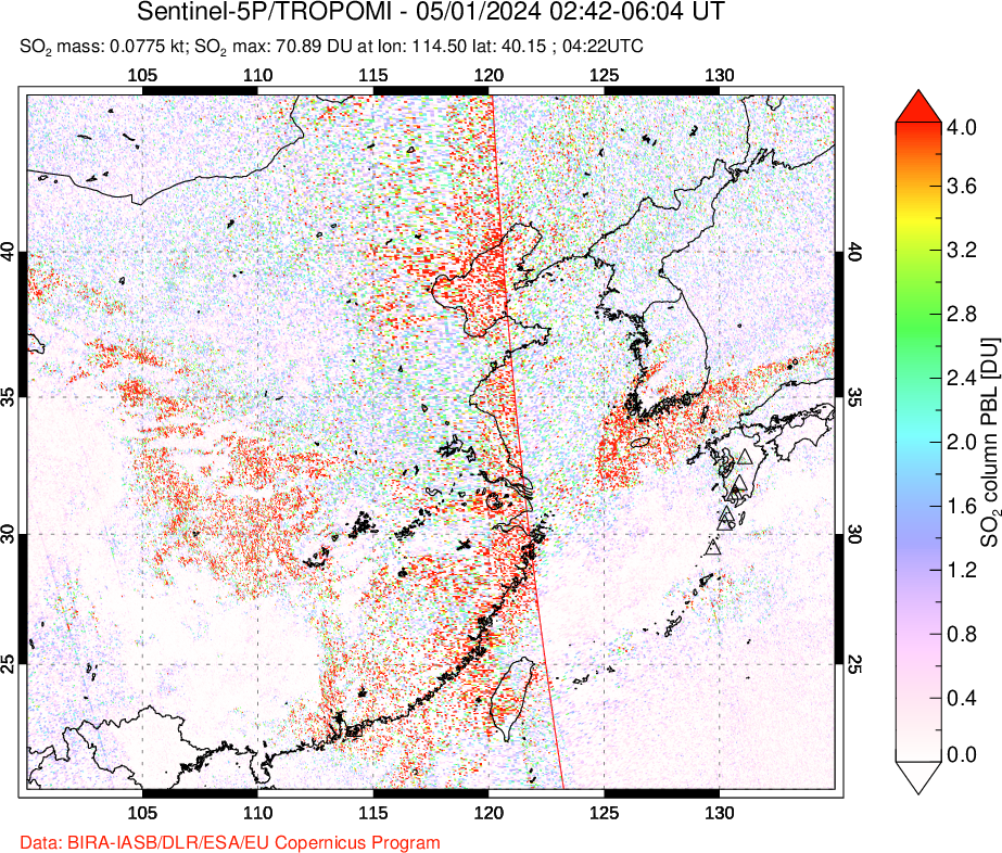 A sulfur dioxide image over Eastern China on May 01, 2024.