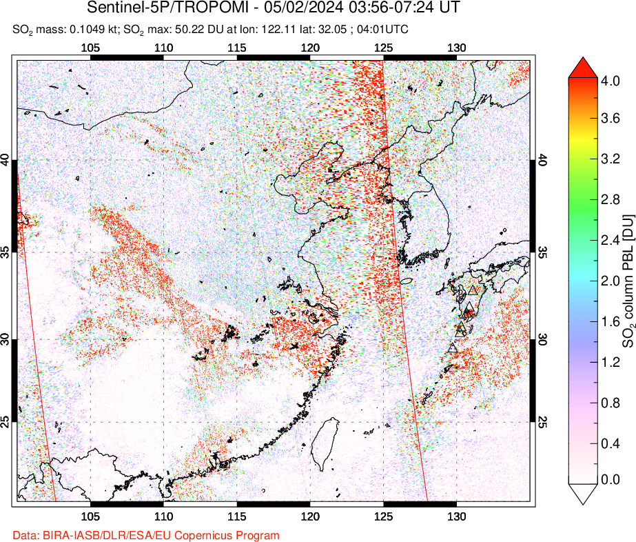 A sulfur dioxide image over Eastern China on May 02, 2024.