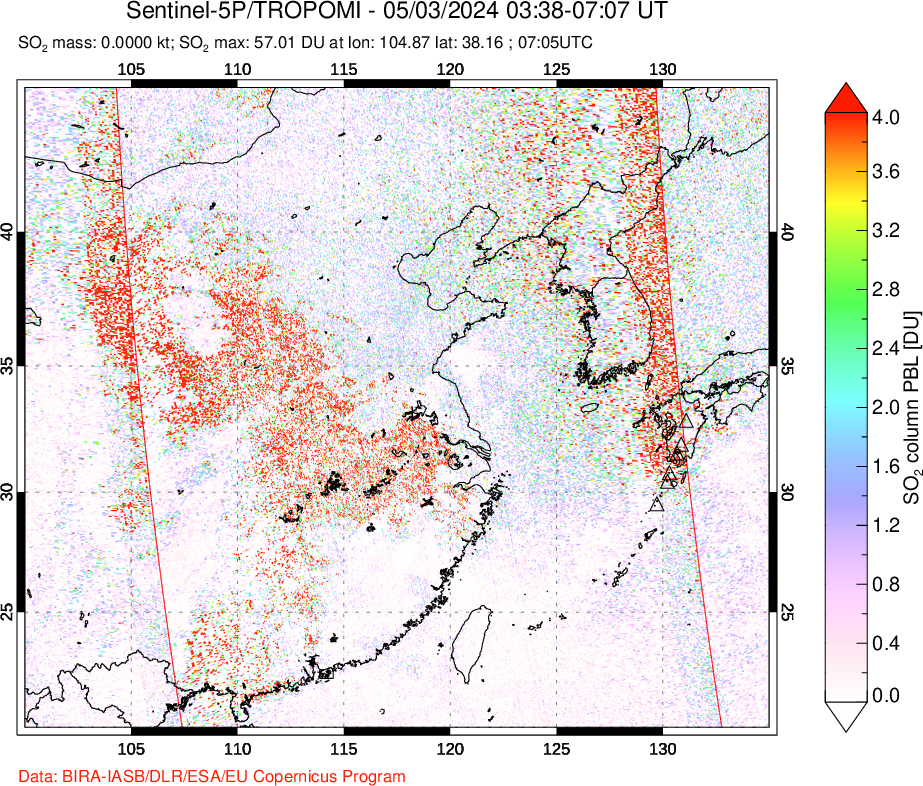 A sulfur dioxide image over Eastern China on May 03, 2024.