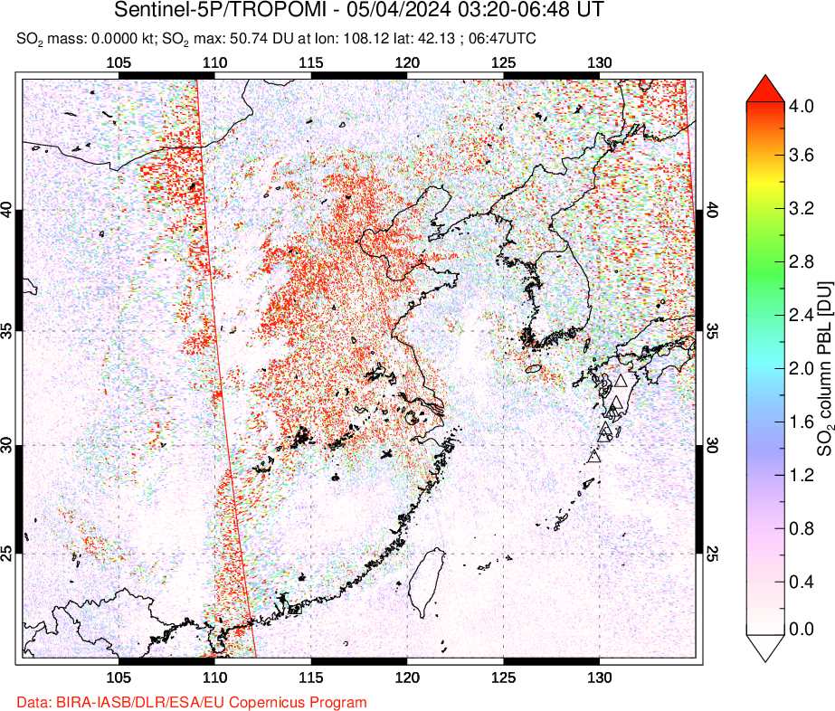 A sulfur dioxide image over Eastern China on May 04, 2024.