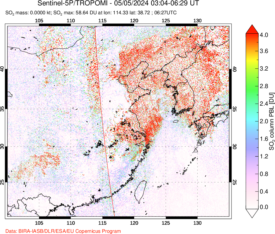 A sulfur dioxide image over Eastern China on May 05, 2024.