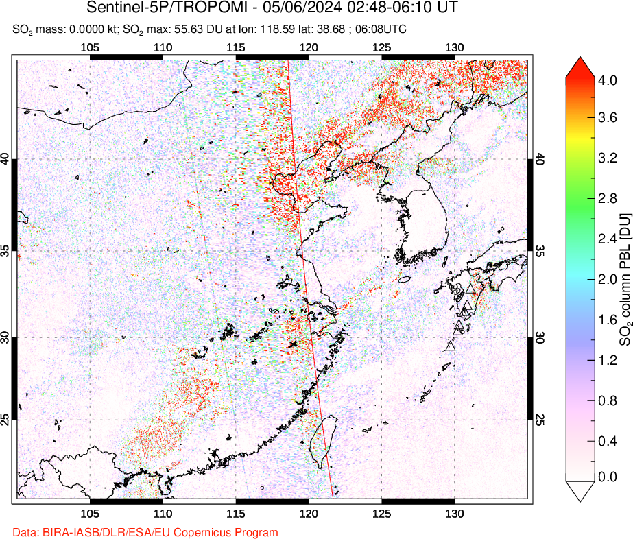 A sulfur dioxide image over Eastern China on May 06, 2024.