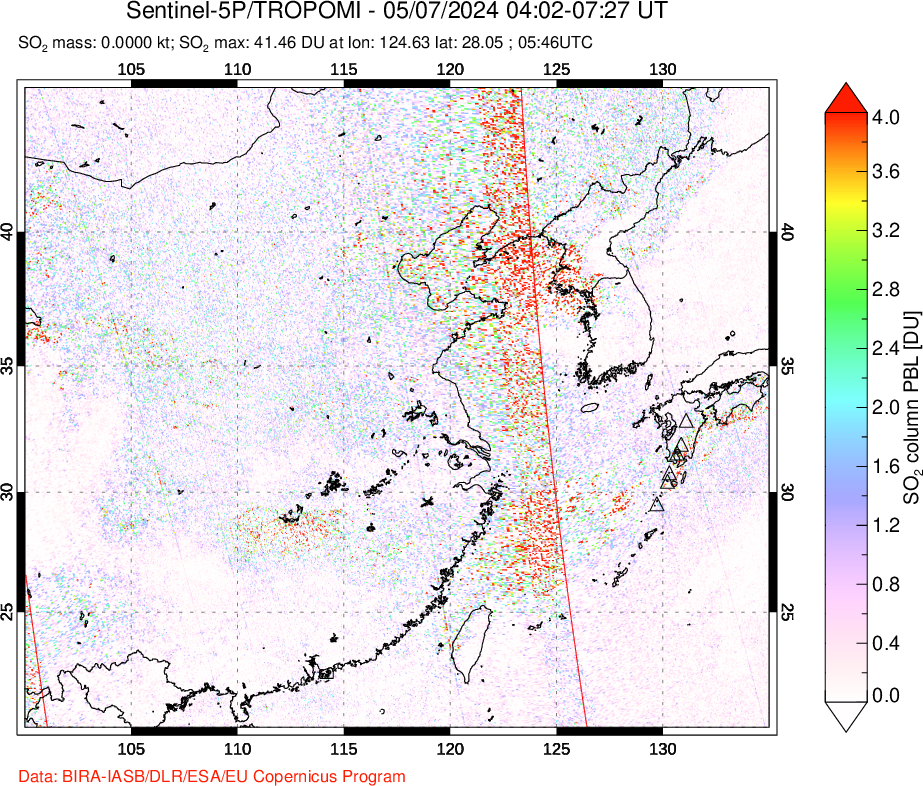 A sulfur dioxide image over Eastern China on May 07, 2024.