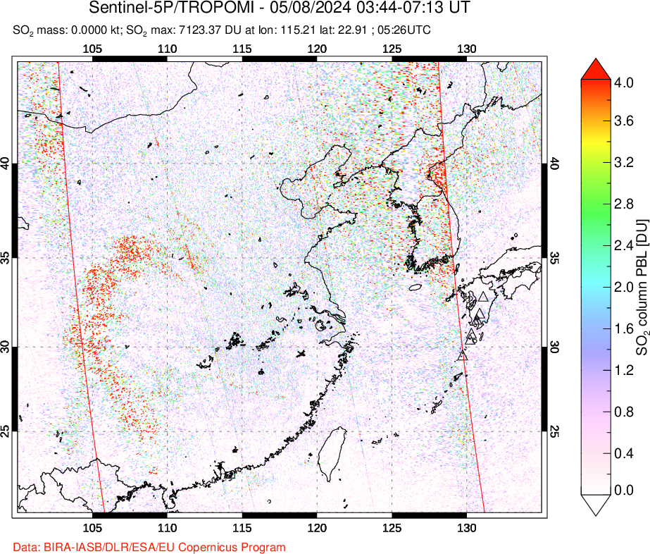 A sulfur dioxide image over Eastern China on May 08, 2024.