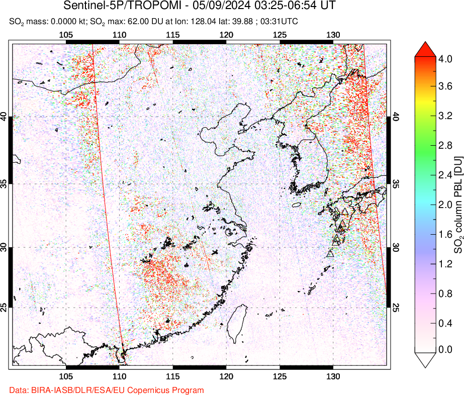 A sulfur dioxide image over Eastern China on May 09, 2024.