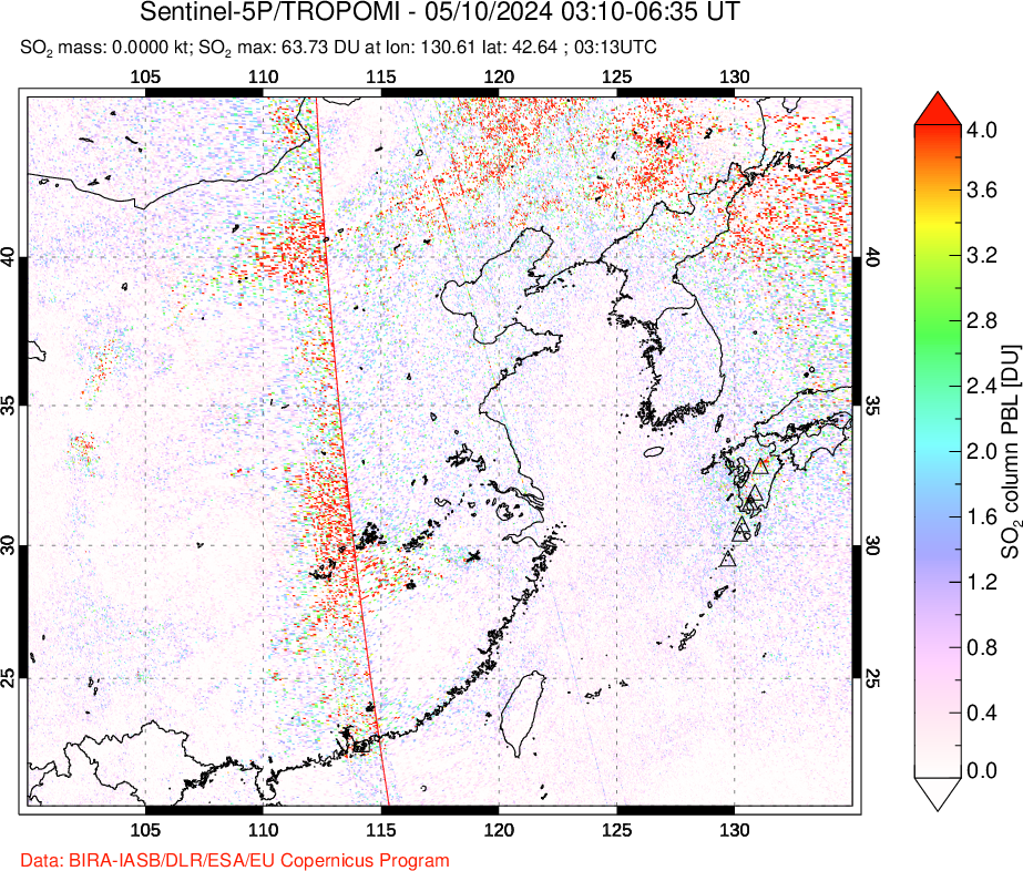 A sulfur dioxide image over Eastern China on May 10, 2024.