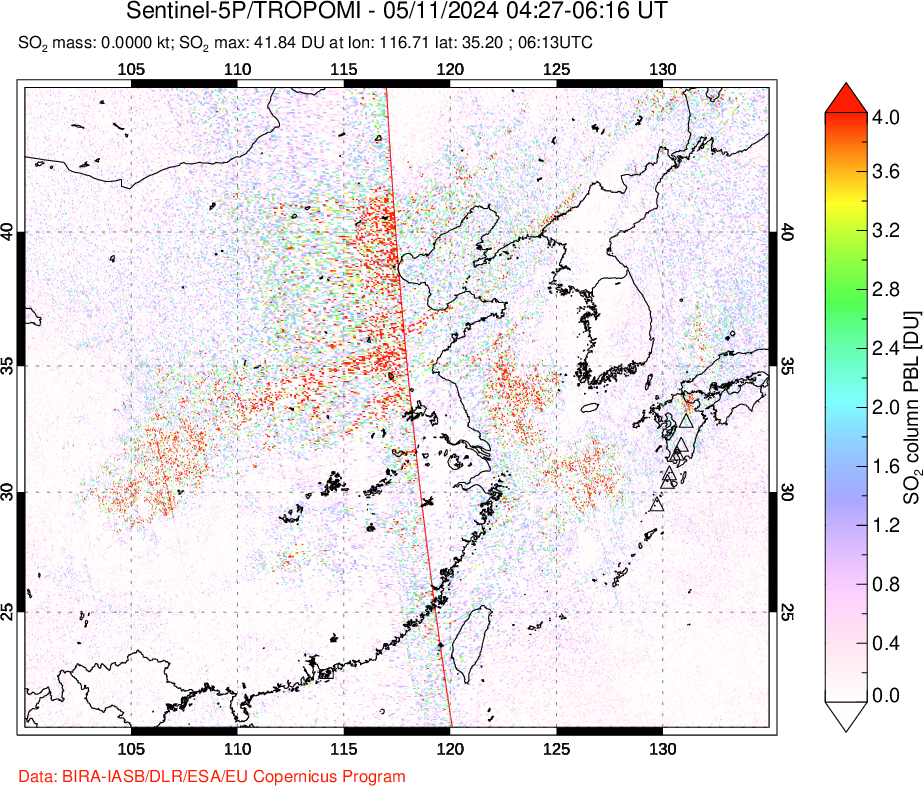 A sulfur dioxide image over Eastern China on May 11, 2024.