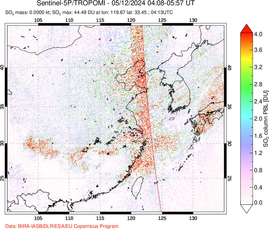 A sulfur dioxide image over Eastern China on May 12, 2024.