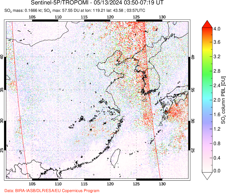 A sulfur dioxide image over Eastern China on May 13, 2024.