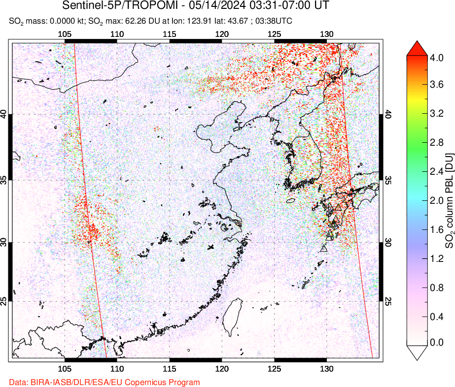 A sulfur dioxide image over Eastern China on May 14, 2024.