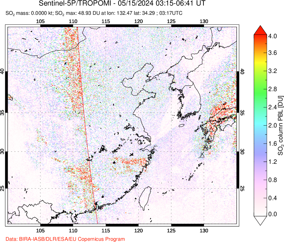 A sulfur dioxide image over Eastern China on May 15, 2024.