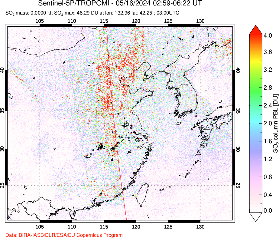 A sulfur dioxide image over Eastern China on May 16, 2024.