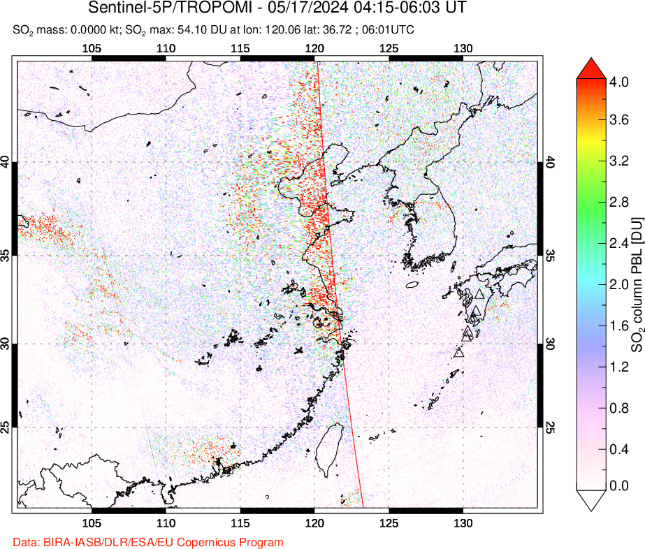 A sulfur dioxide image over Eastern China on May 17, 2024.