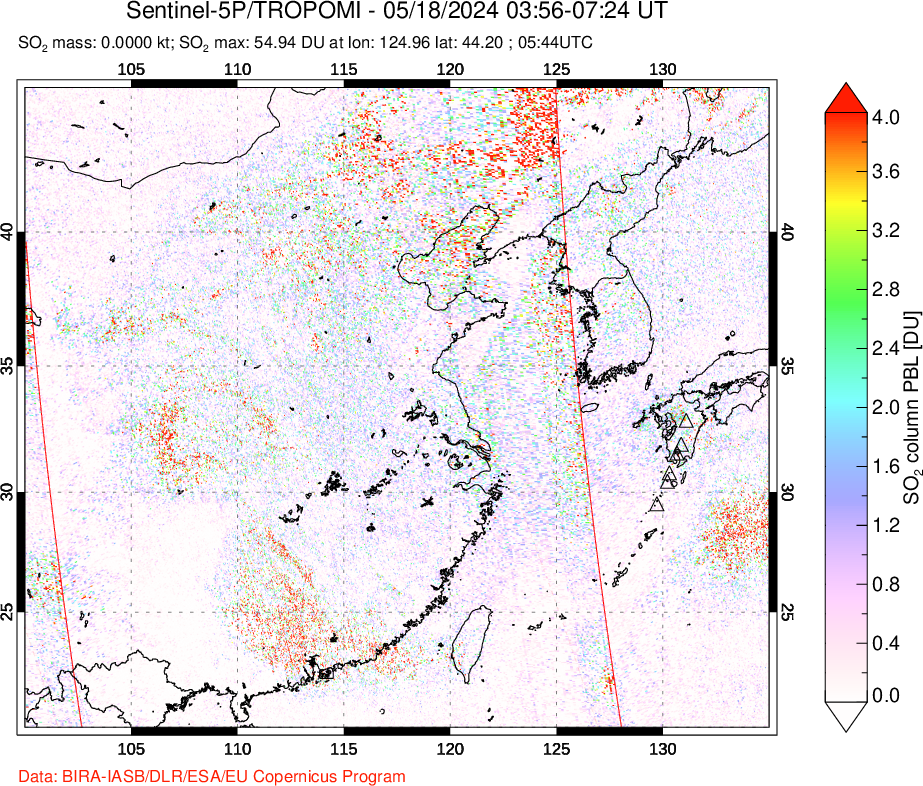 A sulfur dioxide image over Eastern China on May 18, 2024.