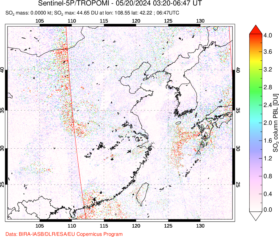 A sulfur dioxide image over Eastern China on May 20, 2024.