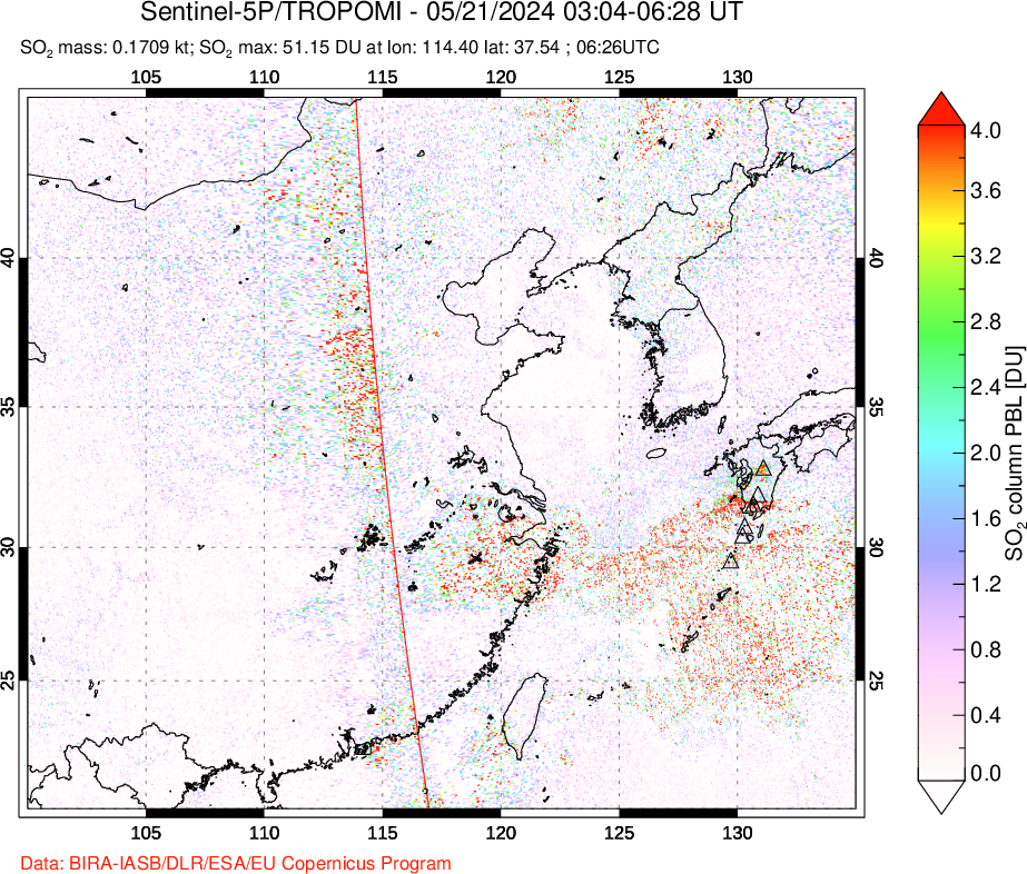 A sulfur dioxide image over Eastern China on May 21, 2024.