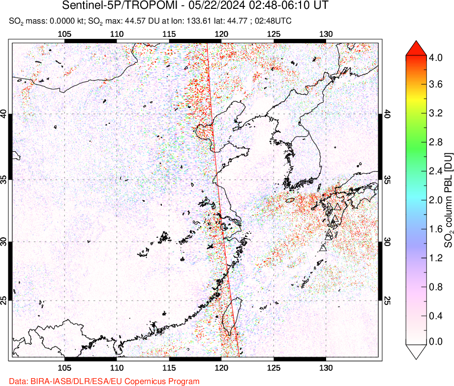 A sulfur dioxide image over Eastern China on May 22, 2024.