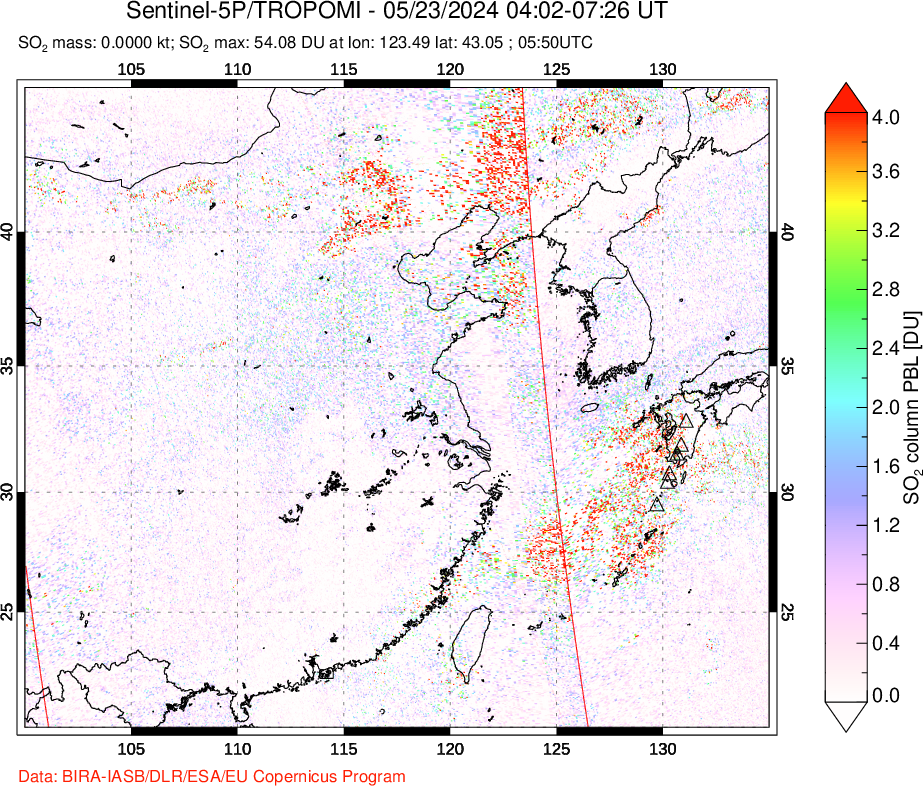 A sulfur dioxide image over Eastern China on May 23, 2024.