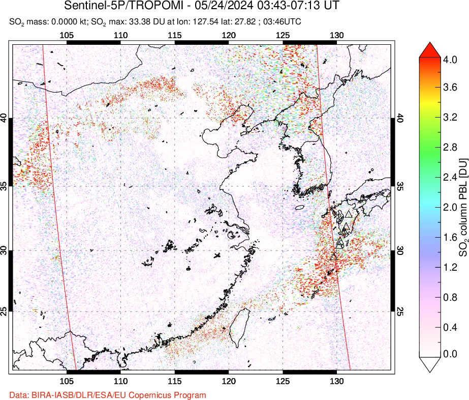 A sulfur dioxide image over Eastern China on May 24, 2024.