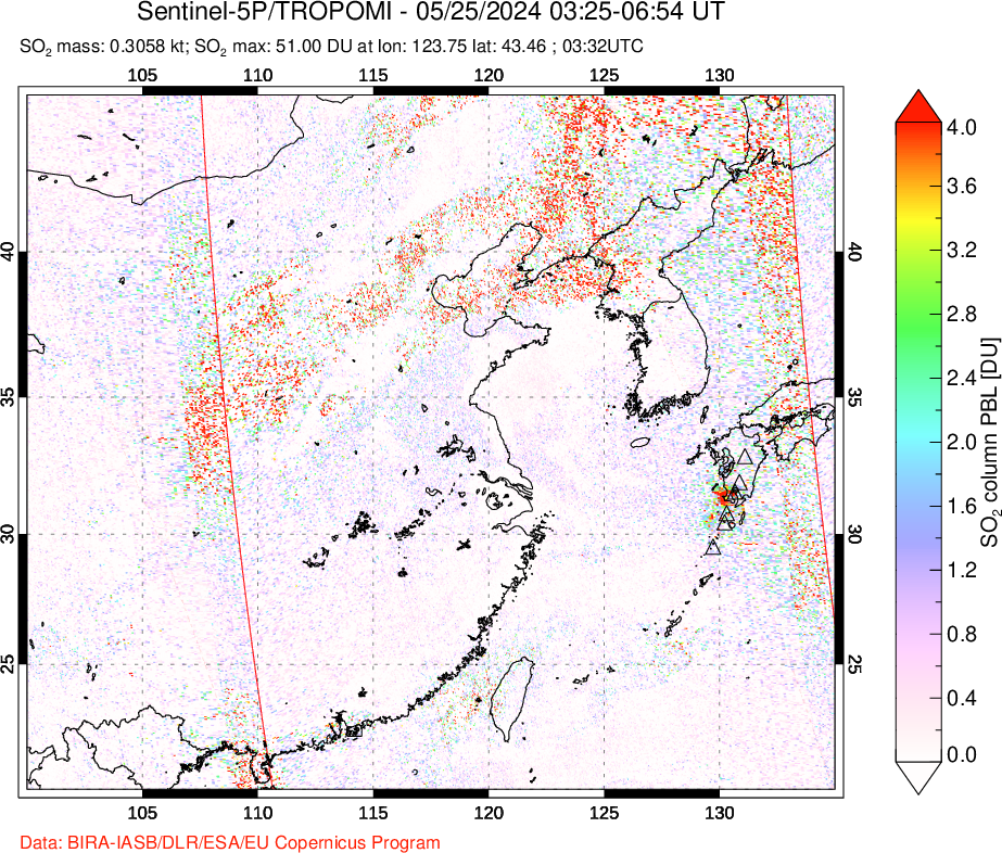 A sulfur dioxide image over Eastern China on May 25, 2024.