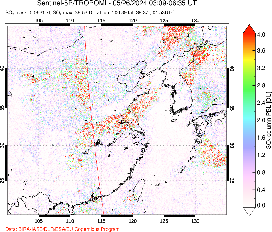 A sulfur dioxide image over Eastern China on May 26, 2024.