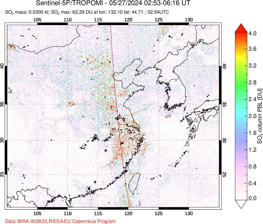 A sulfur dioxide image over Eastern China on May 27, 2024.