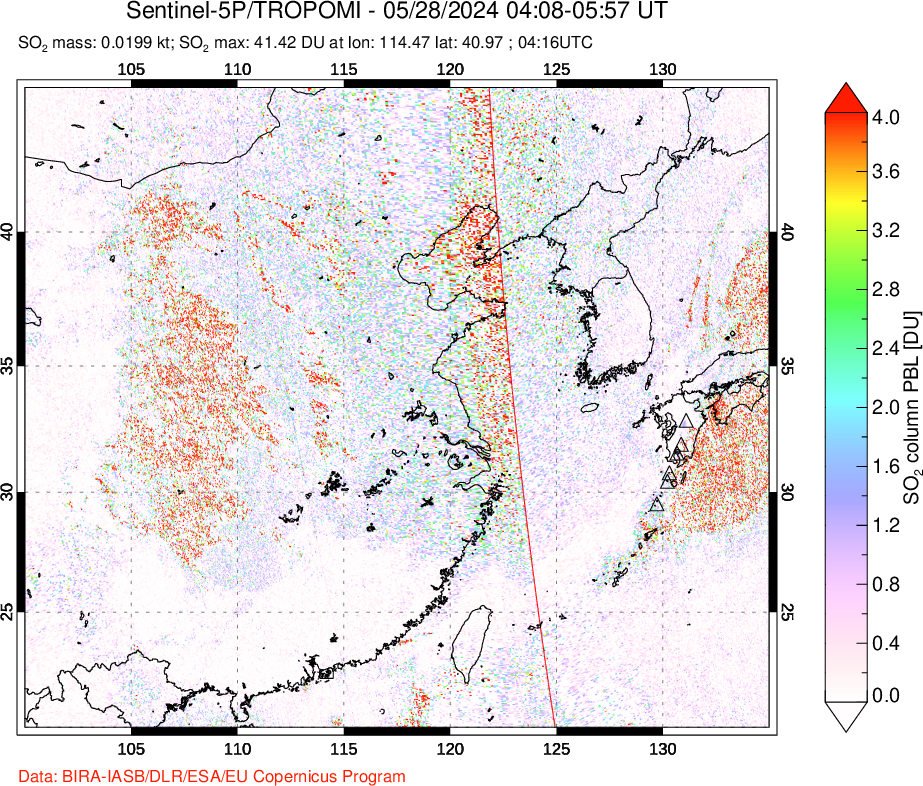 A sulfur dioxide image over Eastern China on May 28, 2024.