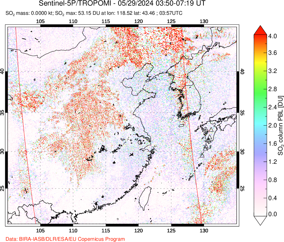 A sulfur dioxide image over Eastern China on May 29, 2024.