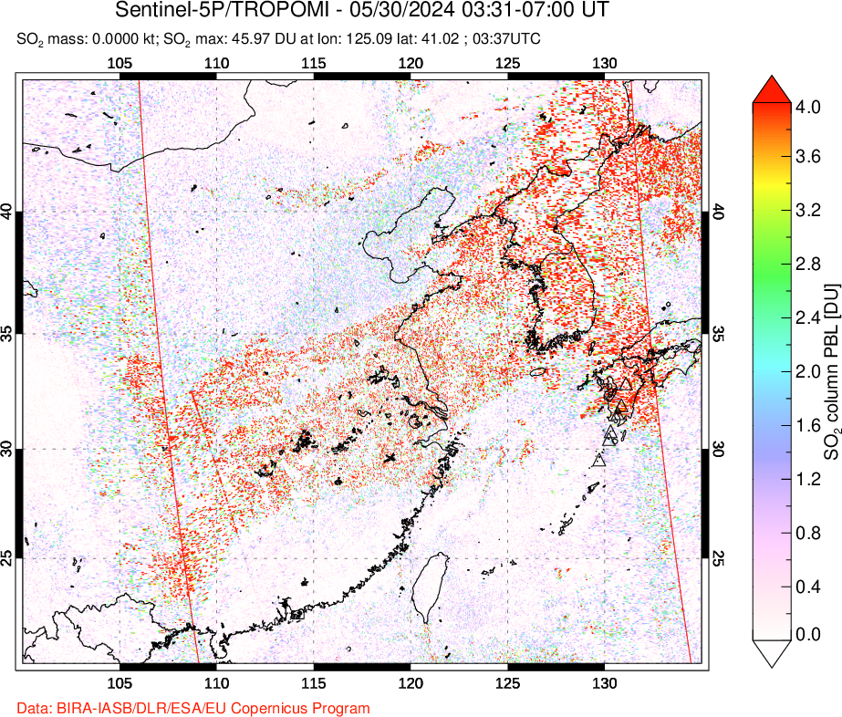 A sulfur dioxide image over Eastern China on May 30, 2024.