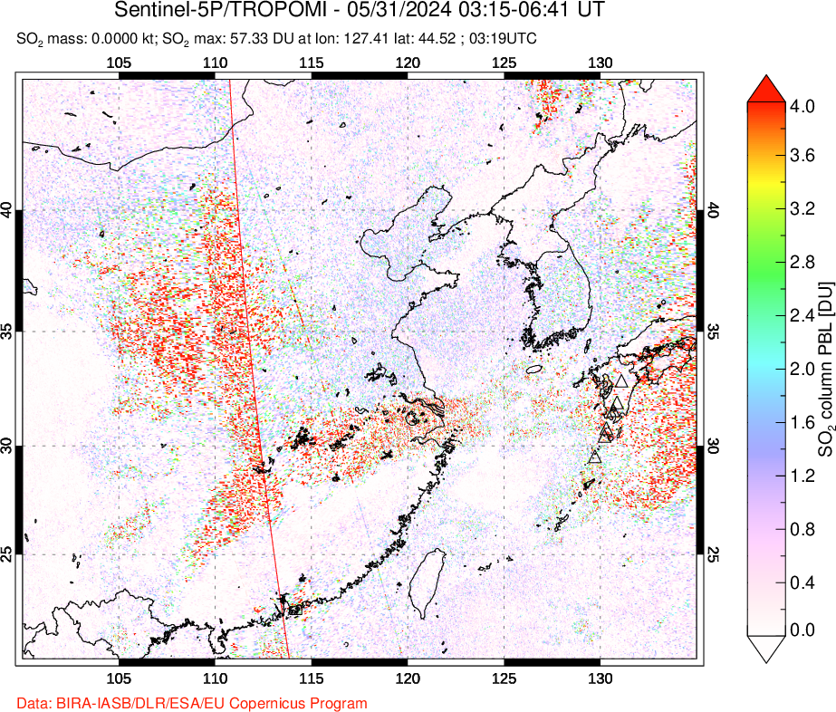 A sulfur dioxide image over Eastern China on May 31, 2024.