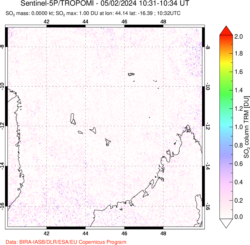 A sulfur dioxide image over Comoro Islands on May 02, 2024.