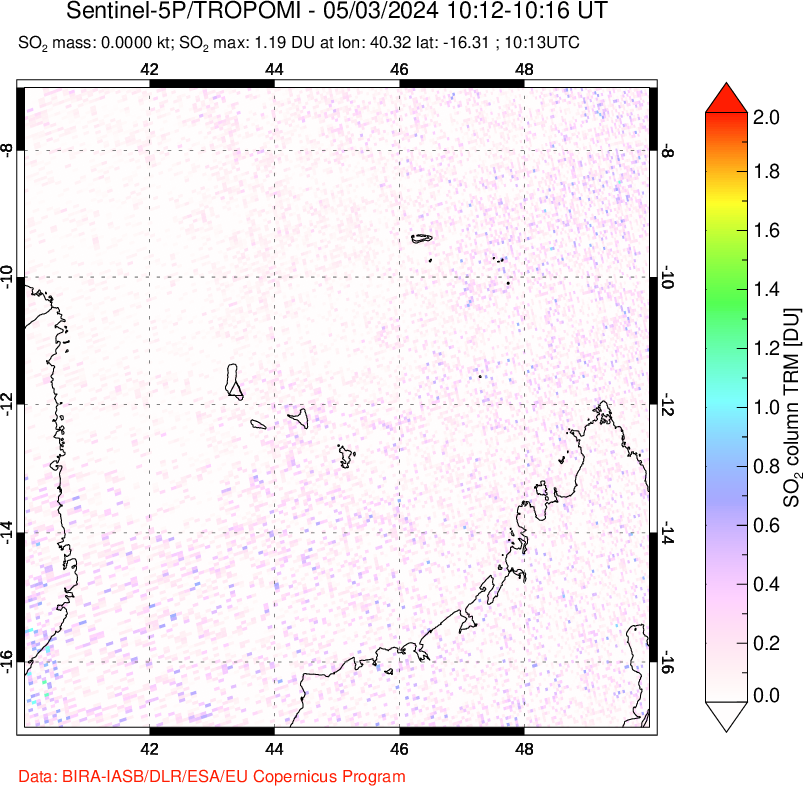 A sulfur dioxide image over Comoro Islands on May 03, 2024.